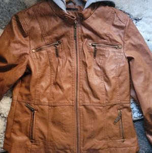 Brown Faux Leather Hooded Jacket
